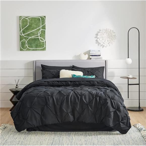 Black Comforter Set Bed in a Bag Queen or Full 7 Pieces, Pintuck Bedding Sets - Picture 2 of 6